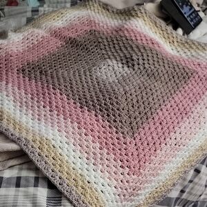 Hand Crafted Pink, Brown & Cream Crochet Throw Blanket